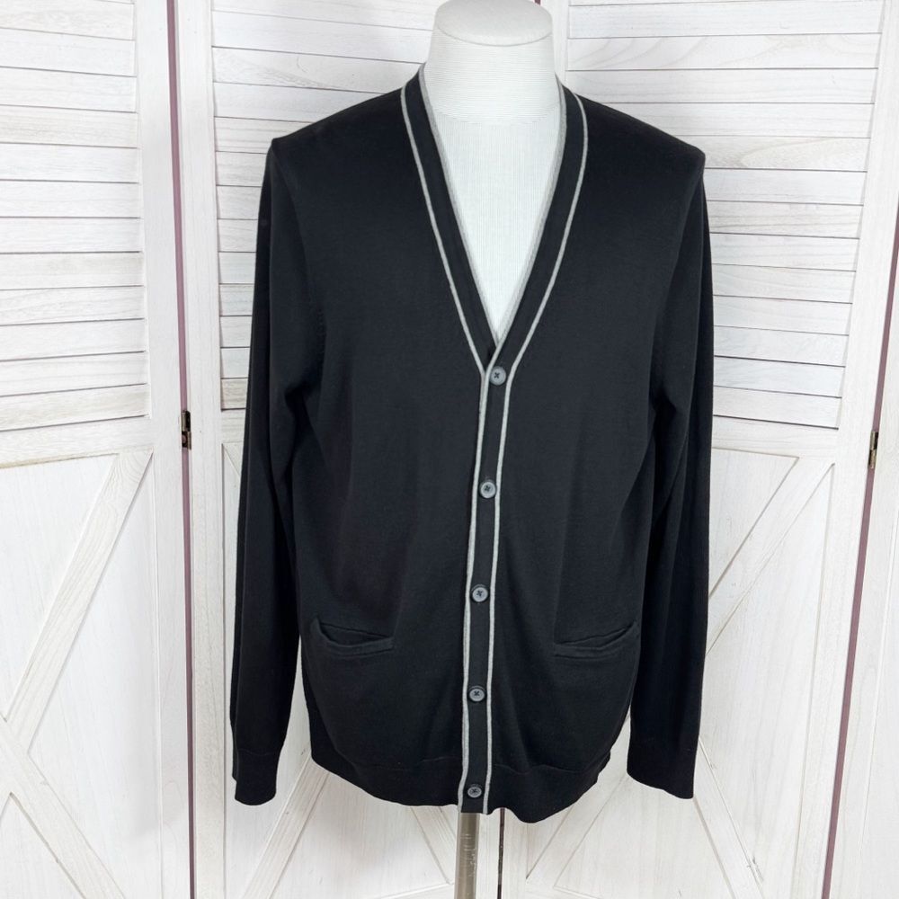 Express Men V Neck Button Up Cardigan Sweater Black Grey Large‎ Preppy Grunge